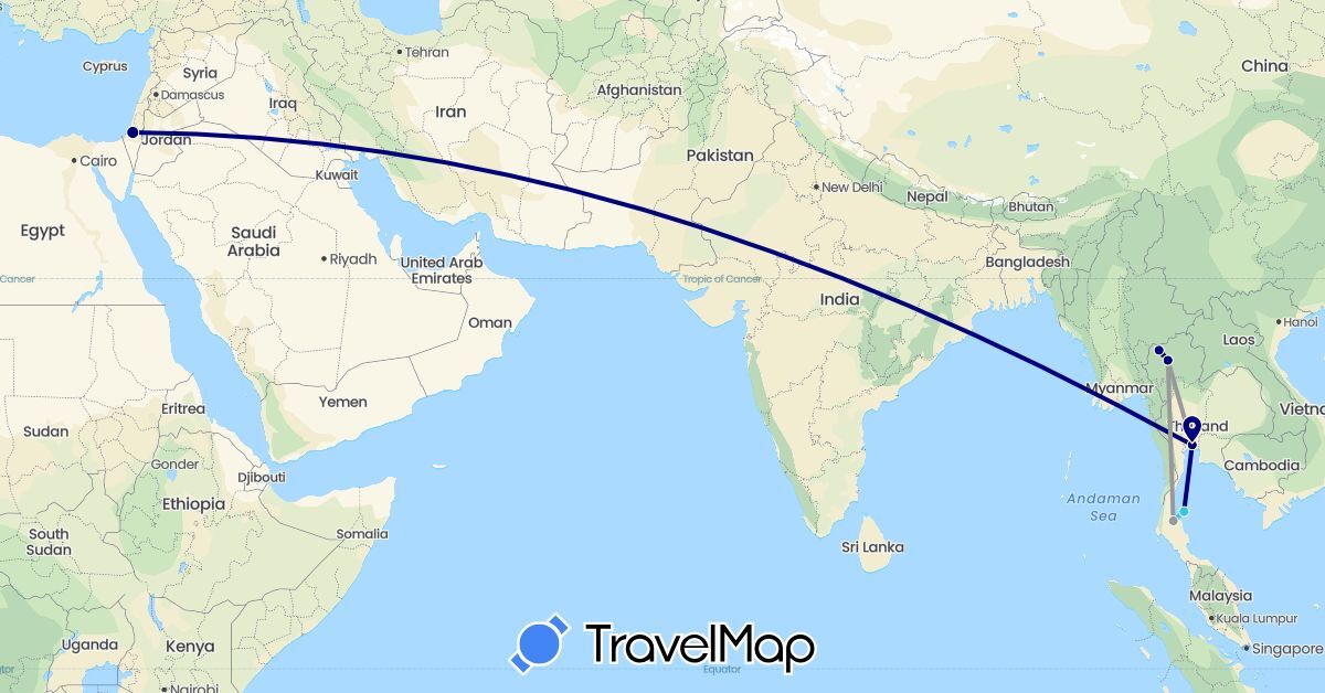 TravelMap itinerary: driving, plane, boat in Israel, Thailand (Asia)